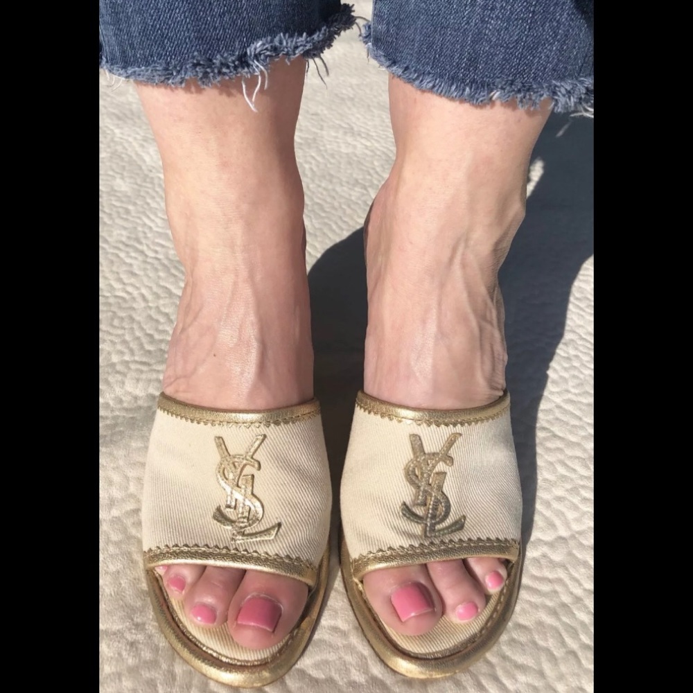 YSL gently used white canvas heels sandals 7 38